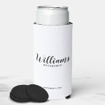 Modern Script Personalized Groomsmen Can Cooler<br><div class="desc">Modern Script Personalized Groomsmen Can Cooler
featuring personalized groomsman's name in black modern script font style with title and wedding date in modern sans serif font style on white background.

Also perfect for Maid of Honor,  Flower Girl,  Mother of the Bride,  Groomsmen,  Best man and more.</div>