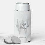 Modern Script Personalized Groomsmen Can Cooler<br><div class="desc">Modern Minimalist Personalized Monogram and Name Gifts This design features personalized name in grey modern handwriting script font style and monogram in light grey modern sans serif font style as background, with wedding details in grey modern sans serif font style, on white marble background. Also perfect for best man, maid...</div>