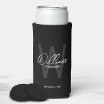 Modern Script Personalized Groomsmen Can Cooler<br><div class="desc">Modern Minimalist Personalized Monogram and Name Gifts This design features personalized name in white modern handwriting script font style and monogram in grey modern sans serif font style as background, with wedding details in white modern sans serif font style, on black background. Also perfect for best man, maid of honor,...</div>