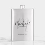 Modern Script Personalized Groomsmen Flask<br><div class="desc">Add a personal touch to your wedding with personalized groomsmen flask. This flask features personalized groomsman's name in grey modern script font style and monogram in light grey modern script font style as background with title and wedding date in grey modern sans serif font style. Also perfect for best man,...</div>