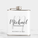 Modern Script Personalized Groomsmen Flask<br><div class="desc">Add a personal touch to your wedding with personalized groomsmen flask. This flask features personalized groomsmen's name in grey modern script font style and monogram in light grey modern script font style as background with title and wedding date in grey modern sans serif font style. Also perfect for best man,...</div>