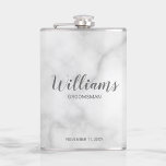 Modern Script Personalized Groomsmen Flask<br><div class="desc">Modern Script Personalized Groomsmen Flask featuring personalized groomsman's name in grey modern script font style with title and wedding date in modern sans serif font style on white marble background. Also perfect for Father of the Bride, Best man and more. Please note: The marble details are simulated in the artwork....</div>