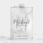 Modern Script Personalized Groomsmen Flask<br><div class="desc">Add a personal touch to your wedding with personalized groomsmen flask. This flask features personalized groomsmen's name in grey modern script font style and monogram in light grey modern script font style as background with title and wedding date in grey modern sans serif font style on white marble background. Also...</div>