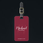 Modern Script Personalized Groomsmen Luggage Tag<br><div class="desc">Add a personal touch to your wedding with personalized groomsmen luggage tag. This luggage tag features personalized groomsmen's name in white modern script font style and monogram in light burgundy red modern script font style as background with title and wedding date in white modern sans serif font style on burgundy...</div>