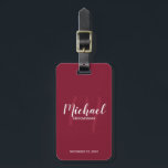 Modern Script Personalized Groomsmen Luggage Tag<br><div class="desc">Add a personal touch to your wedding with personalized groomsmen luggage tag. This luggage tag features personalized groomsmen's name in white modern script font style and monogram in light burgundy red modern script font style as background with title and wedding date in white modern sans serif font style on burgundy...</div>