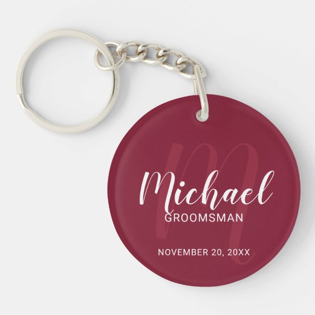Modern Script Personalized Groomsmen Monogram&Name Keychain (Front)