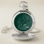 Modern Script Personalized Groomsmen Pocket Watch<br><div class="desc">Modern Minimalist Personalized Monogram and Name Gifts This design features personalized name in white modern handwriting script font style and monogram in light emerald green modern sans serif font style as background, with title in white modern sans serif font style, on emerald green background. Also perfect for best man, maid...</div>