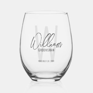 Modern Script Personalized Groomsmen Stemless Wine Glass