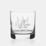 Modern Script Personalized Groomsmen Whiskey Glass<br><div class="desc">Modern Minimalist Personalized Monogram and Name Gifts This design features personalized name in grey modern handwriting script font style and monogram in light grey modern sans serif font style as background, with wedding details in grey modern sans serif font style. Also perfect for best man, maid of honor, bridesmaids and...</div>