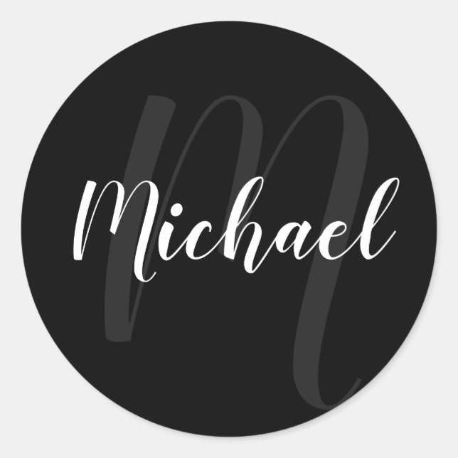 Modern Script Personalized Monogram and Name Black Classic Round Sticker (Front)
