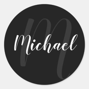 Modern Script Personalized Monogram and Name Black Classic Round Sticker