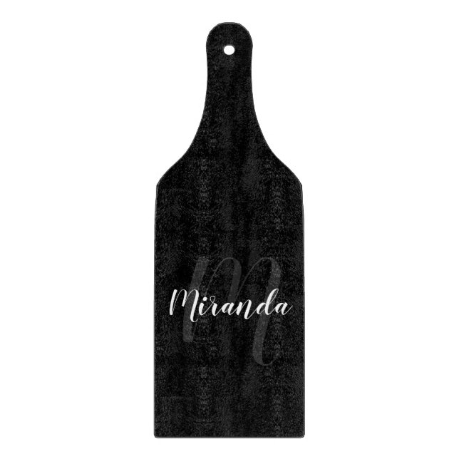 Modern Script Personalized Monogram and Name Black Cutting Board (Front)