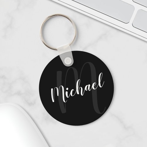 Modern Script Personalized Monogram and Name Black Keychain