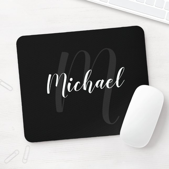 Modern Script Personalized Monogram and Name Black Mouse Pad (Creator Uploaded)