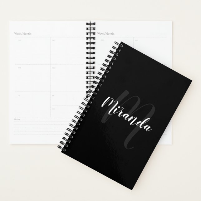 Modern Script Personalized Monogram and Name Black Planner (Display)