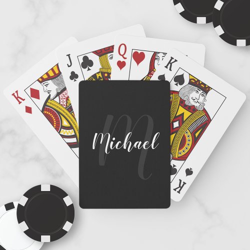 Modern Script Personalized Monogram and Name Black Poker Cards