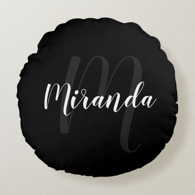 Modern Script Personalized Monogram and Name Black Round Pillow (Front)