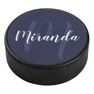 Modern Script Personalized Monogram and Name Hockey Puck