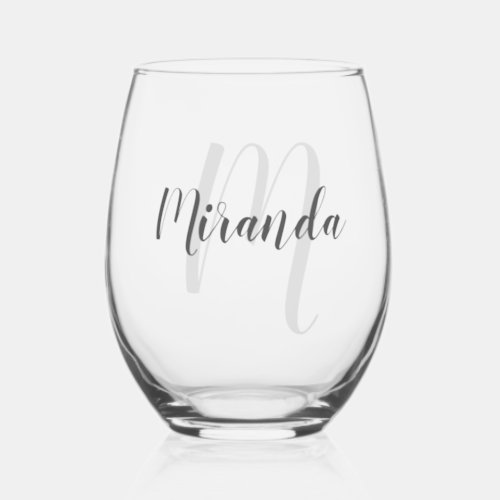 Modern Script Personalized Monogram and Name Stemless Wine Glass