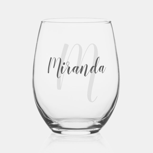 Modern Script Personalized Monogram and Name Stemless Wine Glass (Front)