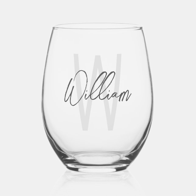 Modern Script Personalized Monogram and Name Stemless Wine Glass (Front)