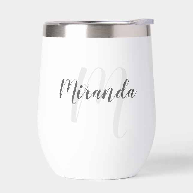 Modern Script Personalized Monogram and Name Thermal Wine Tumbler (Left)