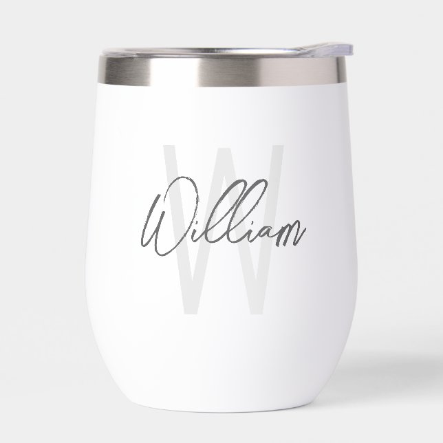 Modern Script Personalized Monogram and Name Thermal Wine Tumbler (Left)