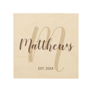 Modern Script Personalized Monogram and Name Wood Wall Art