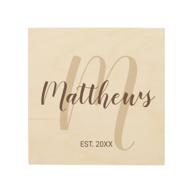 Modern Script Personalized Monogram and Name Wood Wall Art (Front)