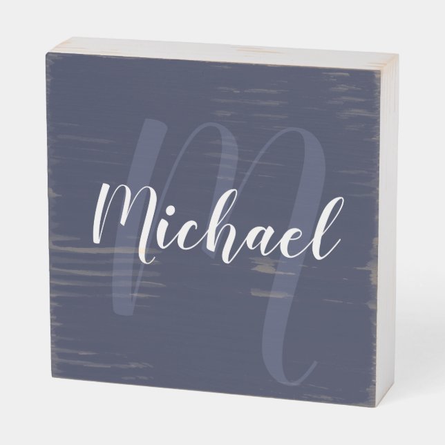 Modern Script Personalized Monogram and Name Wooden Box Sign (Angled Horizontal)