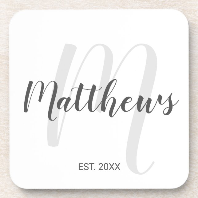 Modern Script Personalized Monogram & Family Name Beverage Coaster (Front)