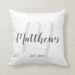 Modern Script Personalized Monogram & Family Name Throw Pillow<br><div class="desc">Personalized Monogram and Family Name Gift featuring family name in grey modern script font style and monogram in light grey modern script font style as background with established year in grey sans serif font style on white background. Perfect as gift for newlyweds, holiday gift for family, family reunion favors, housewarming...</div>