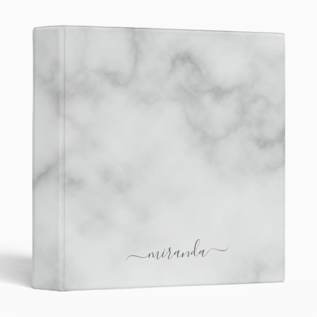 Modern Script Personalized Name White Marble 3 Ring Binder (Front/Spine)