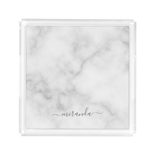 Modern Script Personalized Name White Marble Acrylic Tray