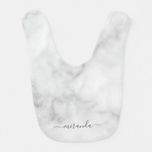 Modern Script Personalized Name White Marble Baby Bib