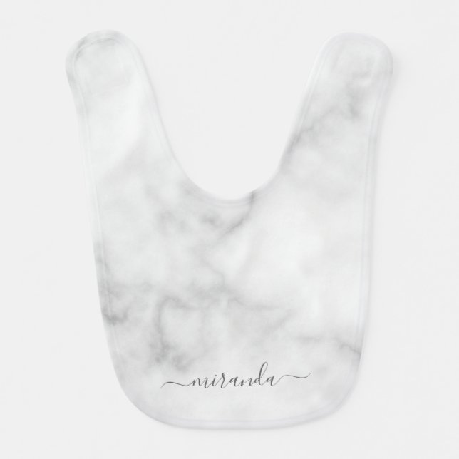 Modern Script Personalized Name White Marble Baby Bib (Front)