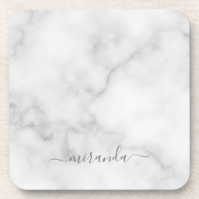 Modern Script Personalized Name White Marble Beverage Coaster (Front)