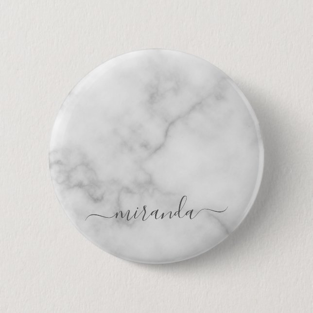 Modern Script Personalized Name White Marble Button (Front)