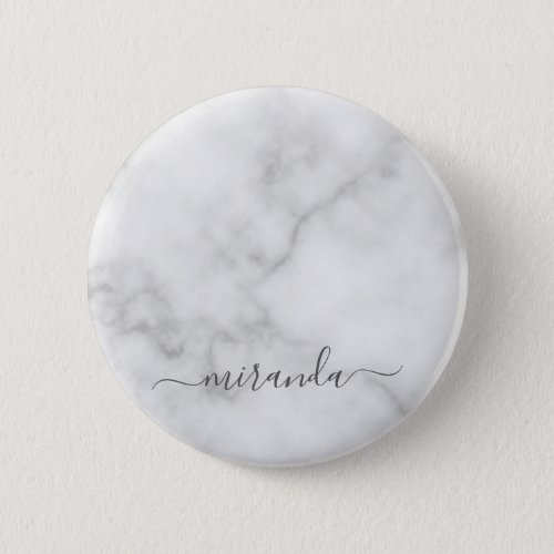 Modern Script Personalized Name White Marble Button