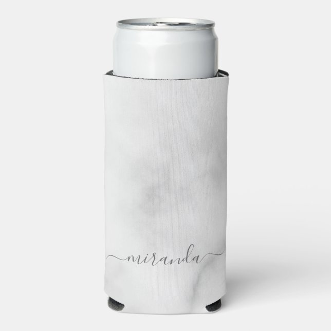 Modern Script Personalized Name White Marble Can C Seltzer Can Cooler (Seltzer Front)