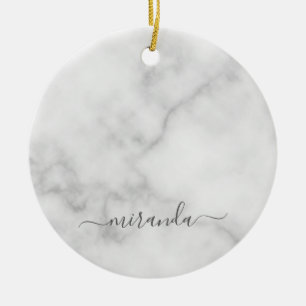 Modern Script Personalized Name White Marble Ceramic Ornament