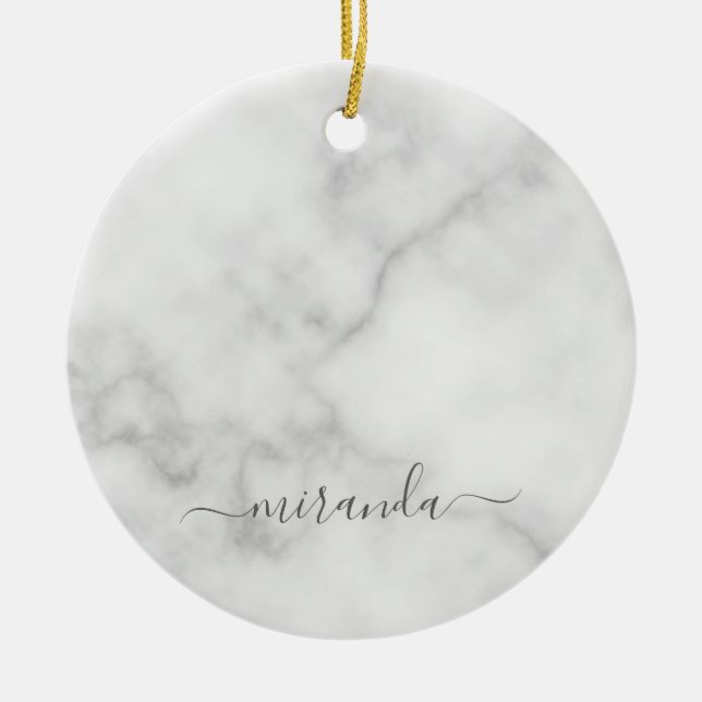 Modern Script Personalized Name White Marble Ceramic Ornament (Front)