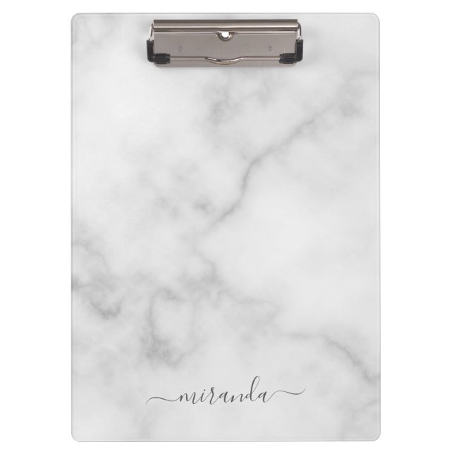 Modern Script Personalized Name White Marble Clipboard (Front)
