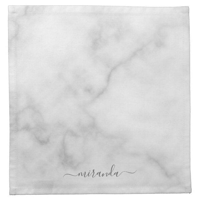 Modern Script Personalized Name White Marble Cloth Napkin (Front)