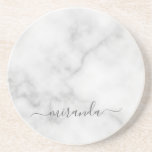 Modern Script Personalized Name White Marble Coaster<br><div class="desc">Modern Script Personalized Name White Marble Gift
featuring personalized name in grey modern script font style on white marble background.

Perfect as holiday gift for her and gift for any special occasions.</div>