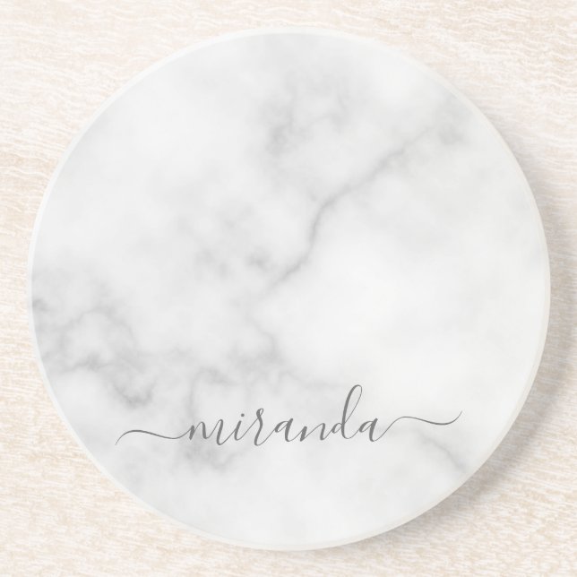 Modern Script Personalized Name White Marble Coaster (Front)