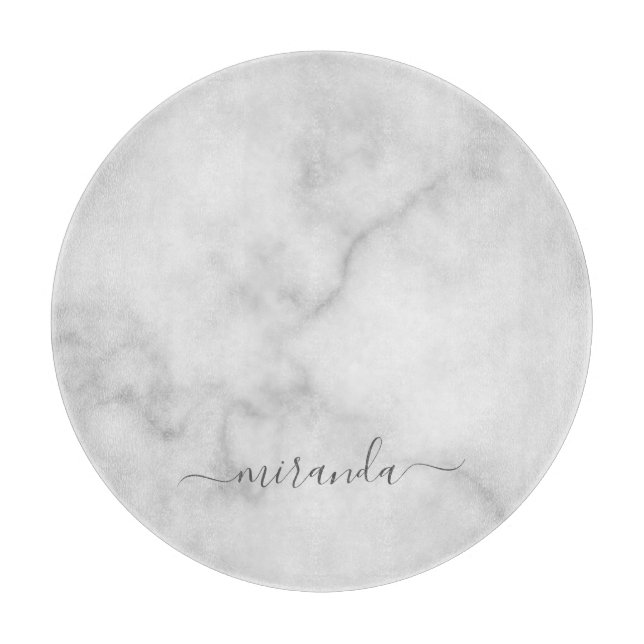 Modern Script Personalized Name White Marble Cutting Board (Front)