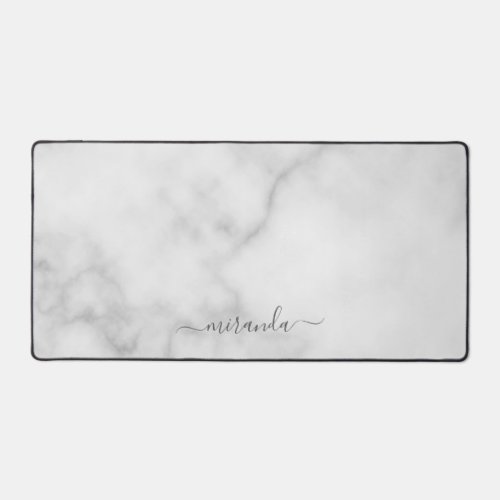 Modern Script Personalized Name White Marble Desk Mat