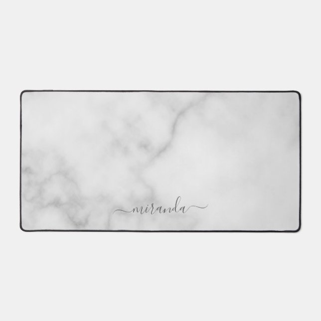 Modern Script Personalized Name White Marble Desk Mat (Front)