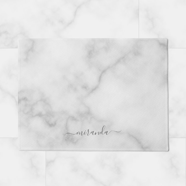 Modern Script Personalized Name White Marble Doormat (Creator Uploaded)